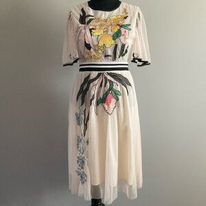 Floral Embroidered Polka Dot Cream Dress